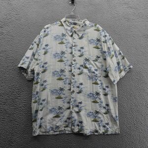 Joe Marlin Short Sleeve Hawaiian Shirt XXL Ivory Blue Palm Trees‎ Mens Tropical